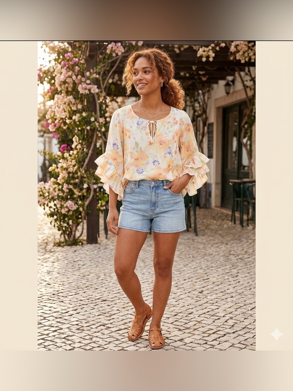 LC Lauren Conrad Pastel Floral Tie-Neck Blouse in Yellow, Peach & Lavender